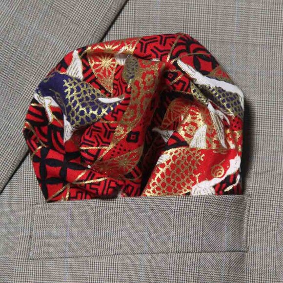 Gascoigne Hand Stitched Japanese Kimono Fabric Pocket Square Red Gold Black Fish - Picture 2 of 5